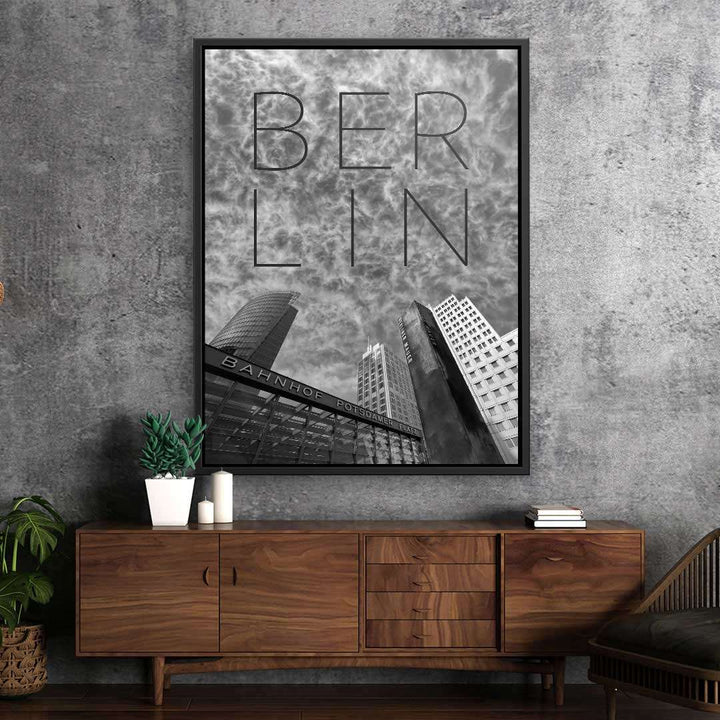 Modernes Wandbild Berlin Skyline in Schwarz-Weiß mit Potsdamer Platz Hochhäusern, Wohnzimmerdeko