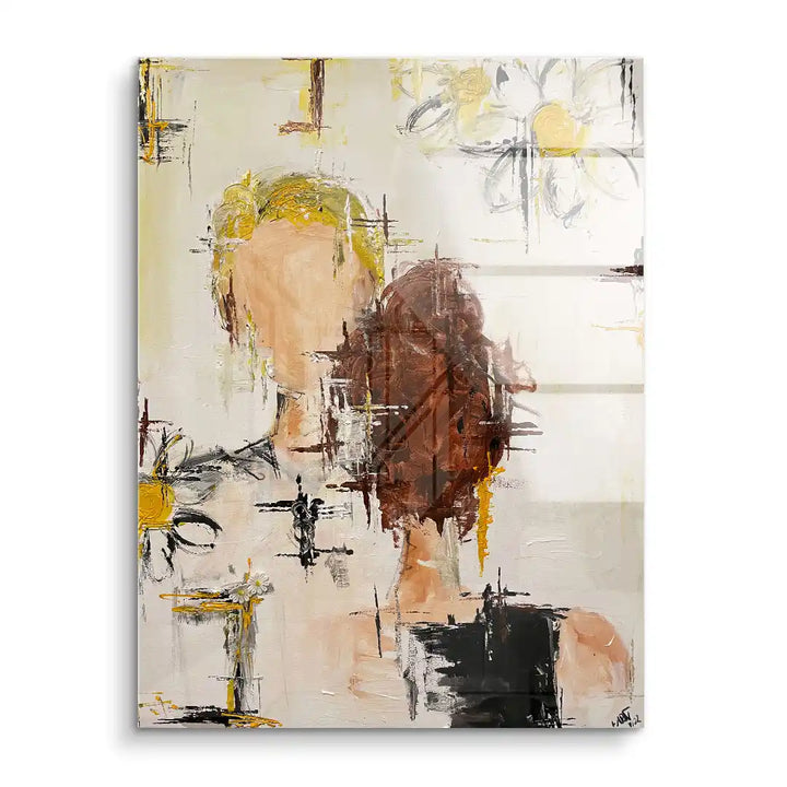 Abstraktes Acryl Wandbild mit zwei stilisierten Personen und Blumenelementen in Gelb und Braun