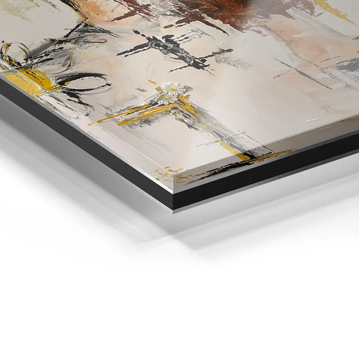 Detailaufnahme Acryl Wandbild abstrakte Kunst mit gelben und schwarzen Akzenten