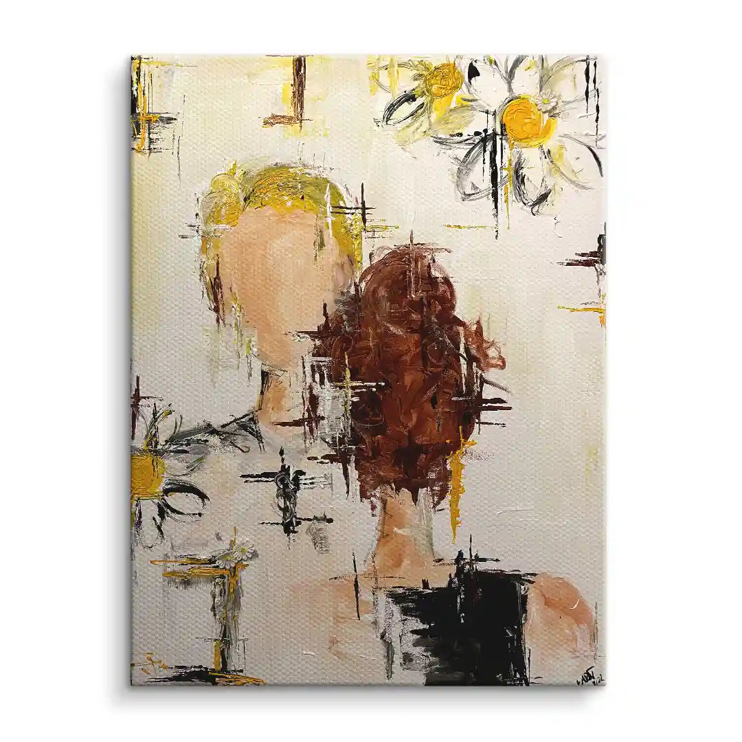 Abstraktes Wandbild mit zwei Personen und gelben Blumen, moderne Kunst auf Leinwand