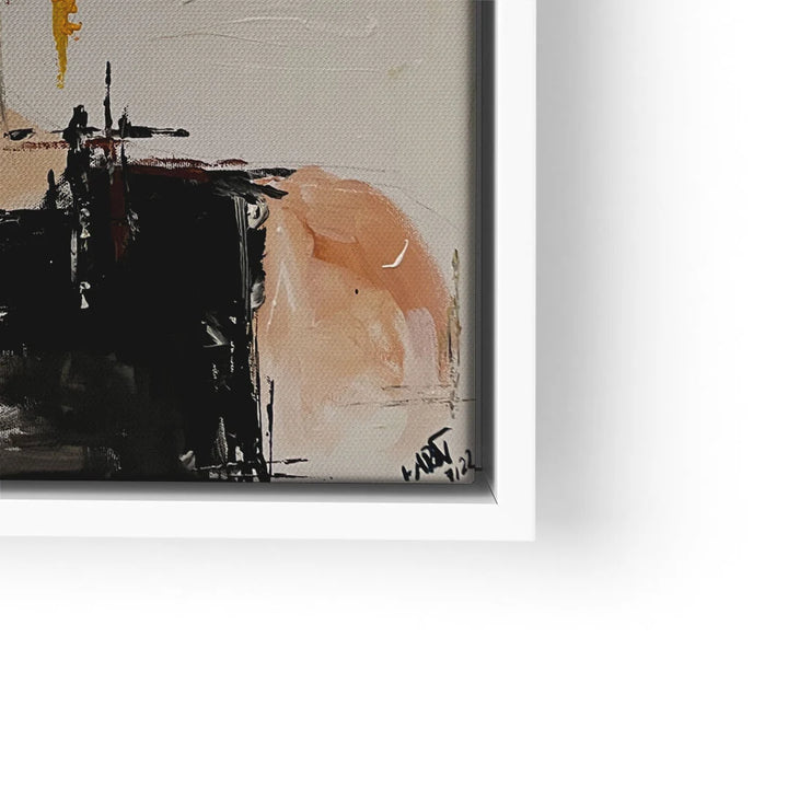 Abstraktes Wandbild mit schwarzen und beigen Farbakzenten im weißen Rahmen, moderne Kunst