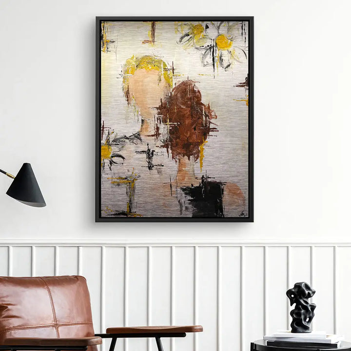 Abstraktes Wandbild mit zwei Personen und gelben Blumen, modernes Wohnzimmer Deko