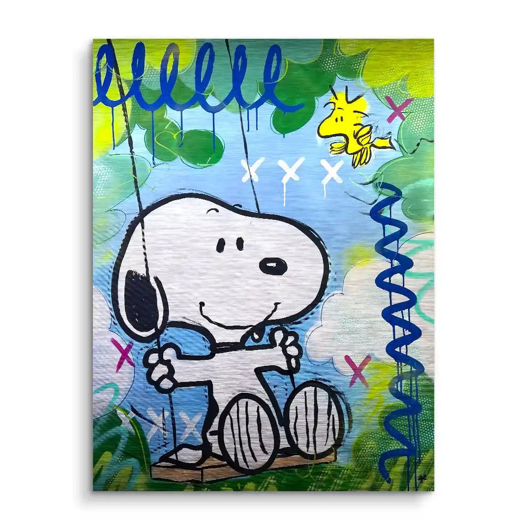 Buntes Wandbild im Comic-Stil mit Hund auf Schaukel und Vogel, moderne Pop Art Kunst.