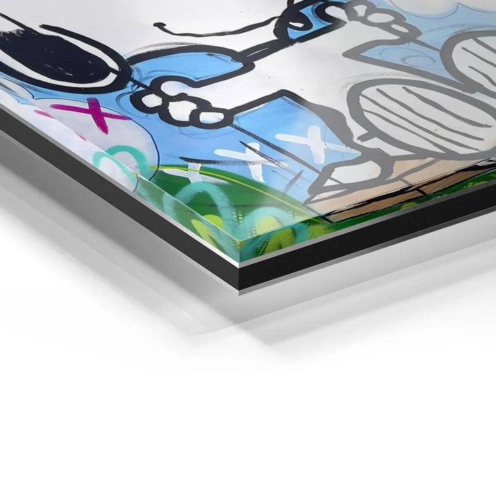 Detailaufnahme eines Acryl-Wandbilds mit bunter, moderner Comic-Kunst, grafischen Linien und Figuren.