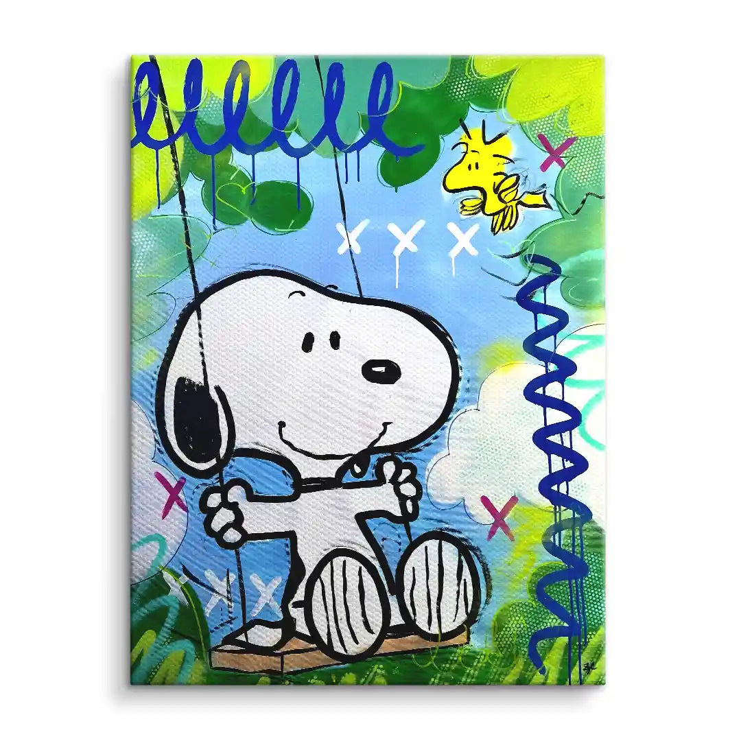Buntes Wandbild mit fröhlichem Cartoon-Hund auf Schaukel, Sommerwiese, moderne Kunst