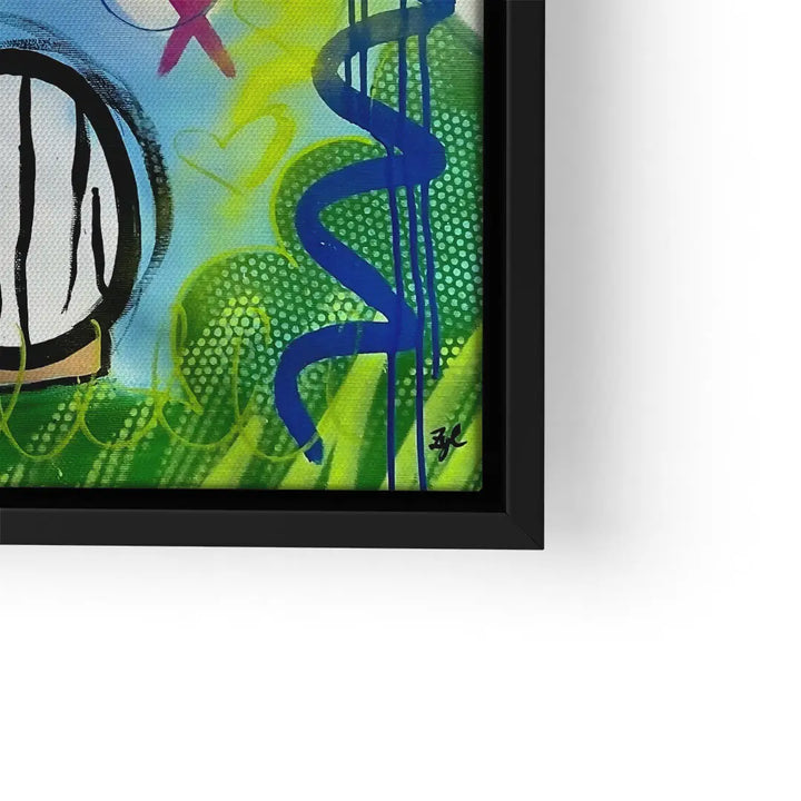 Modernes Wandbild mit abstrakten Formen, grünen und blauen Farbakzenten, Pop Art Stil