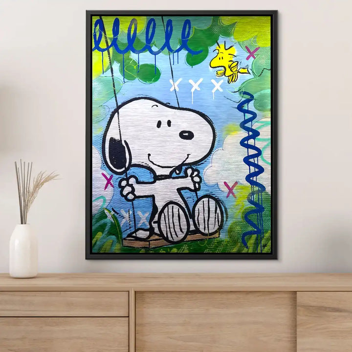Modernes Wandbild mit Comic-Hund auf Schaukel, bunte Pop Art für Wohnzimmer Deko