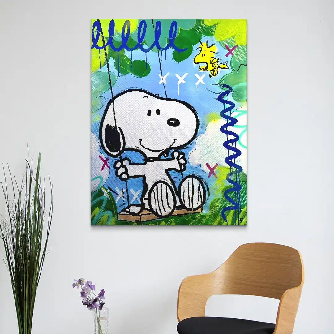 Buntes Wandbild mit Comic-Figur auf Schaukel, moderne Pop Art Kunst für Wohnzimmer