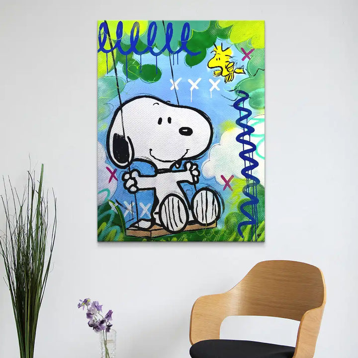 Buntes Wandbild mit Comic-Figur auf Schaukel, moderne Pop Art Kunst für Wohnzimmer