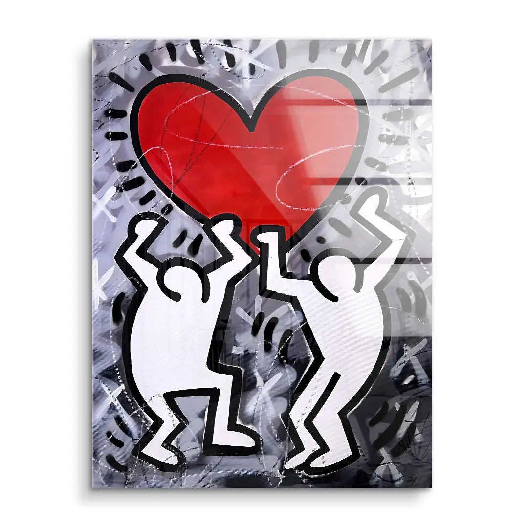 Modernes Wandbild mit zwei stilisierten Figuren und großem rotem Herz, Pop Art Design