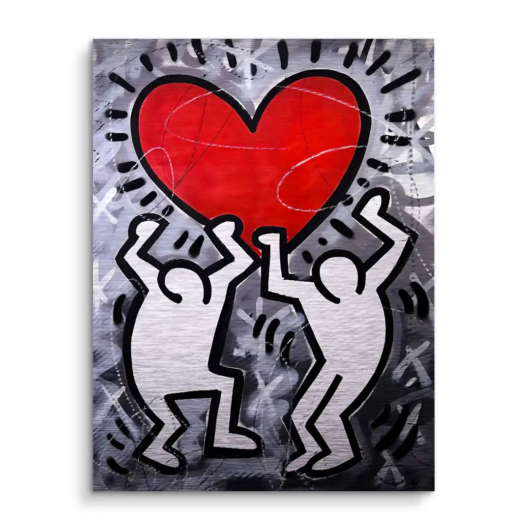 Pop Art Wandbild mit zwei Figuren und großem roten Herz auf grauem Hintergrund