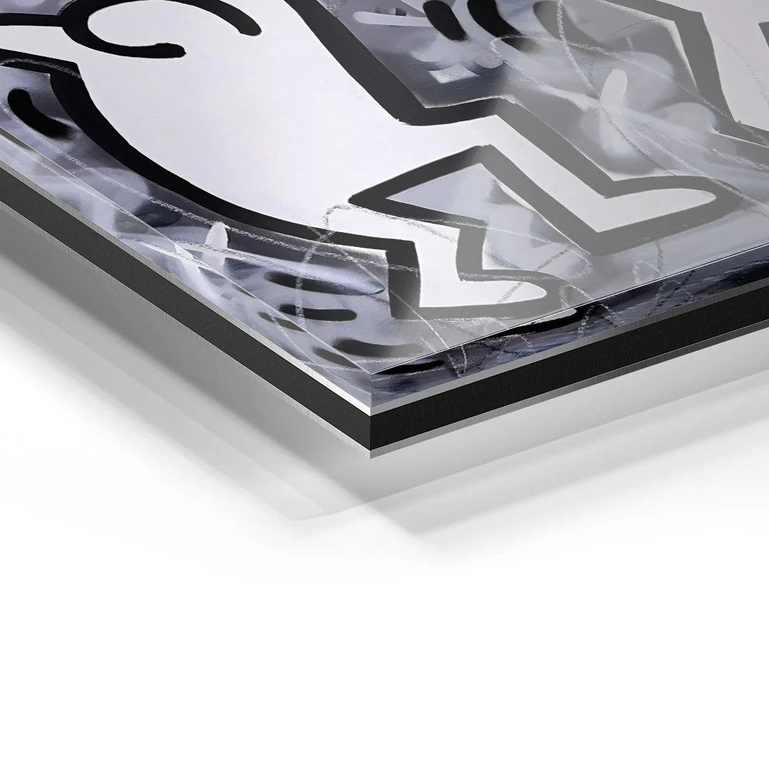 Detailansicht Wandbild auf Acrylglas mit schwarz-weißer abstrakter Pop Art Figur