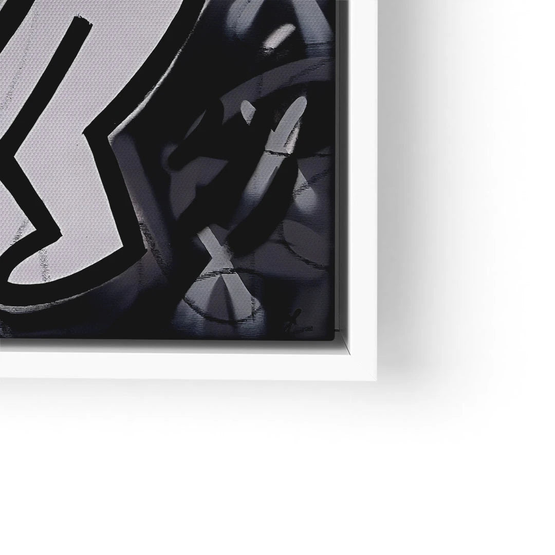 Modernes Pop Art Wandbild mit abstrakten, schwarzen und weißen Formen im weißen Rahmen