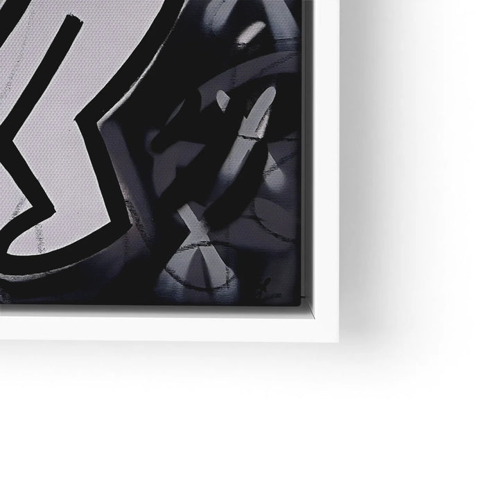 Modernes Pop Art Wandbild mit abstrakten, schwarzen und weißen Formen im weißen Rahmen