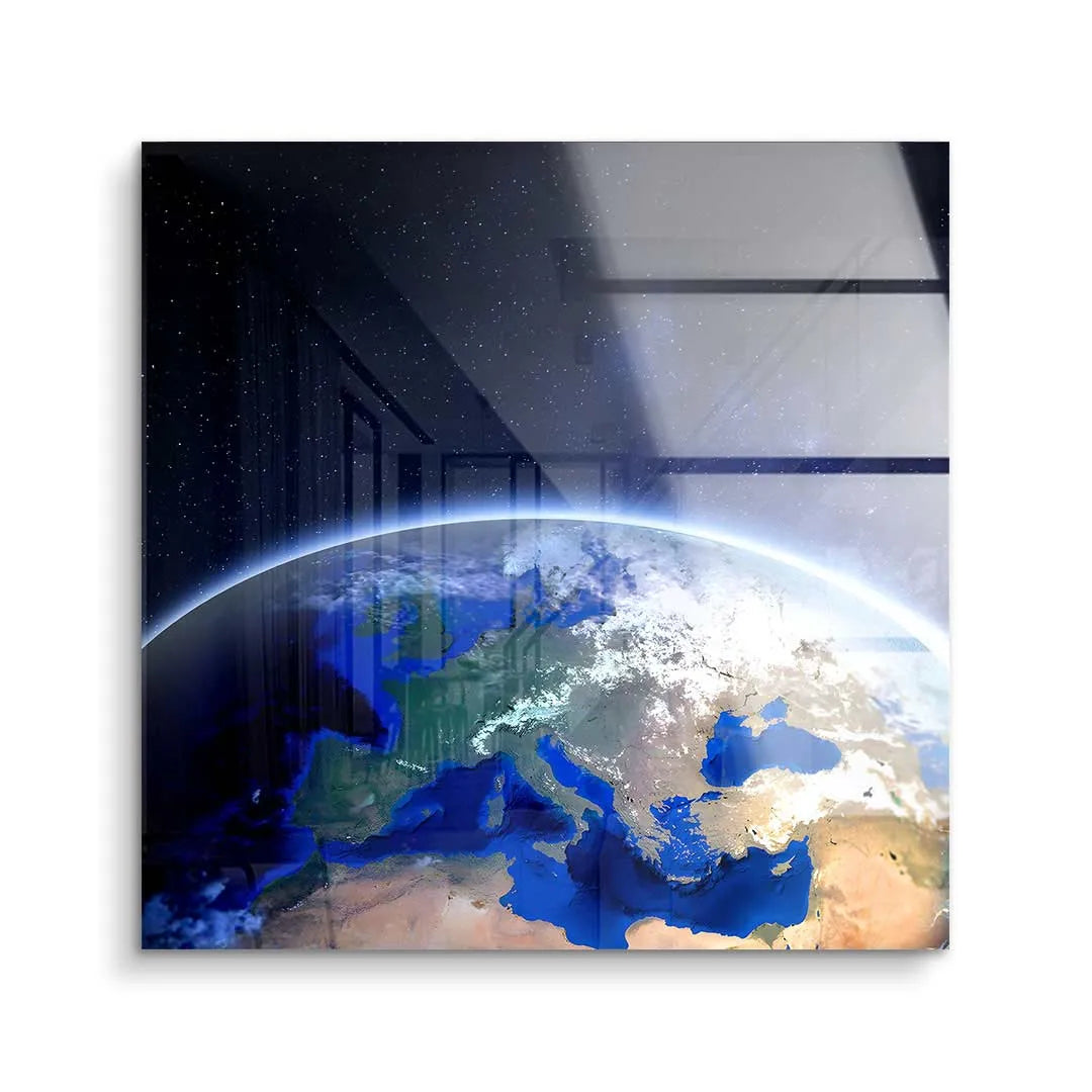 Acrylglas Wandbild Weltall mit Erde und Europa, modernes Kunstbild, Weltraum-Motiv