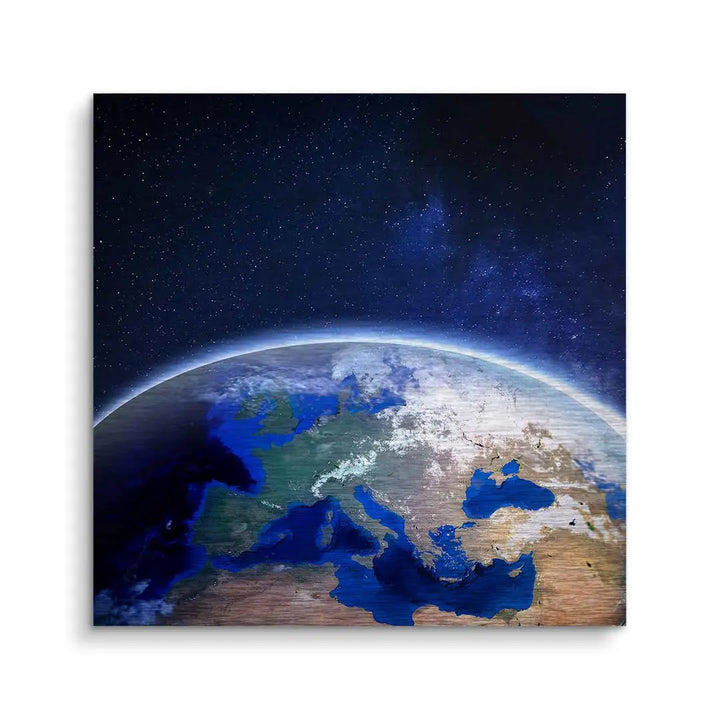 Modernes Wandbild mit Weltall-Motiv, Europa-Ansicht, blaue Erde vor Sternenhimmel