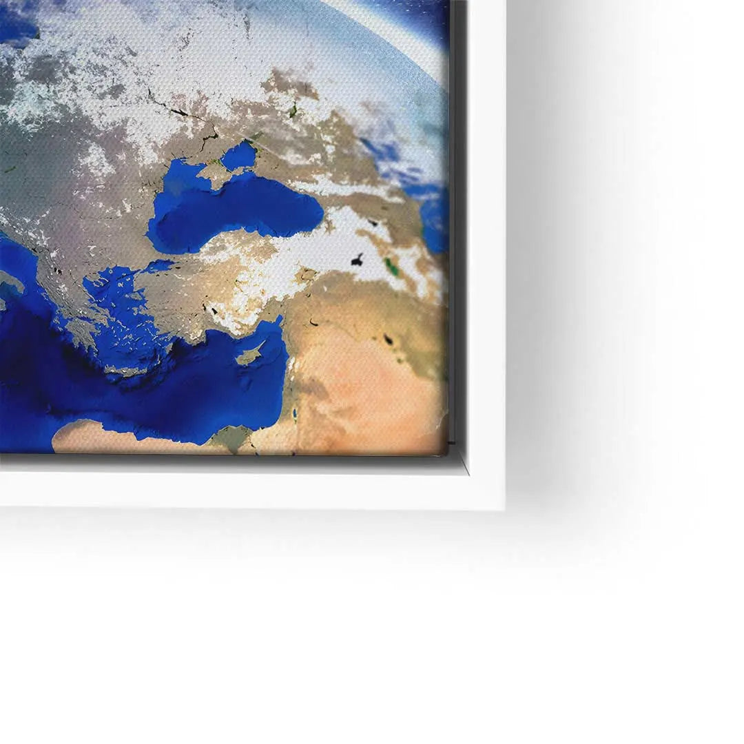 Wandbild Erddetail Europa und Naher Osten, moderne Kunst auf Leinwand im weißen Rahmen