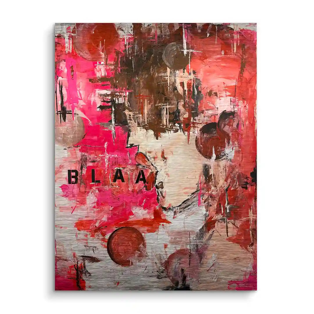 Abstraktes Wandbild in Rot- und Brauntönen mit Schriftzug BLAA, moderne Kunst auf Leinwand