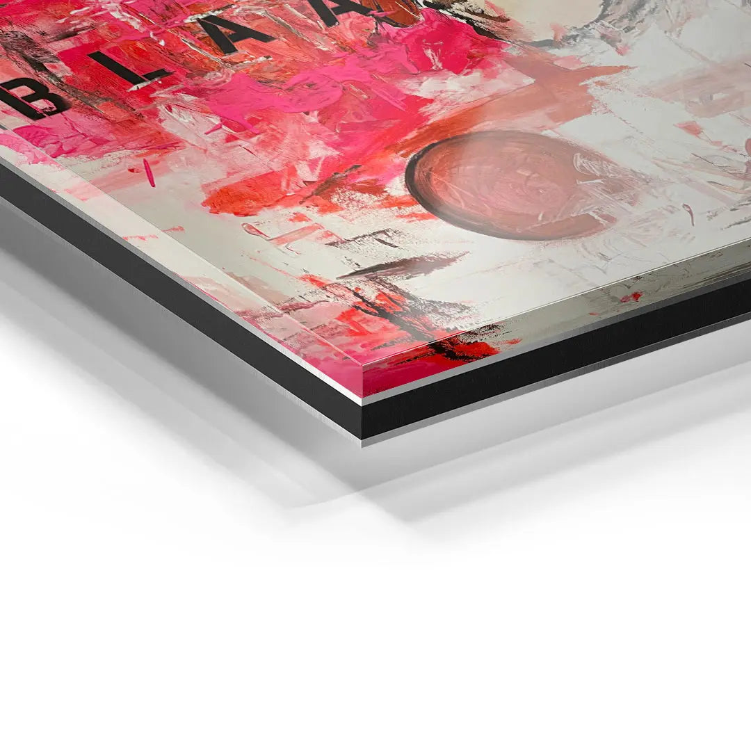 Detailaufnahme Acrylglas Wandbild mit abstrakter Kunst in Rot, Pink und Schwarz