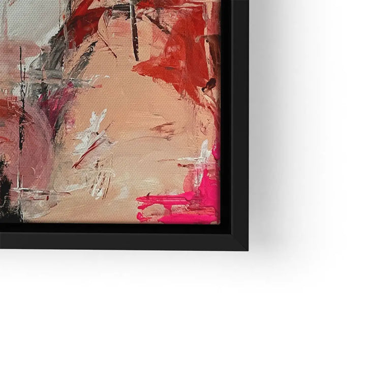 Abstraktes Wandbild mit roten, beigen und pinken Farbakzenten, moderne Kunst auf Leinwand
