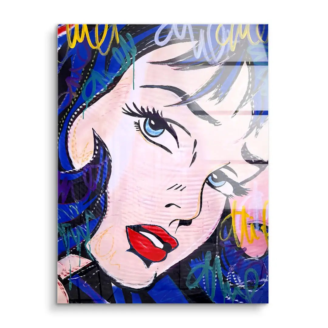 Pop Art Wandbild Frau mit schwarzen Haaren, blauen Augen und Graffiti-Elementen