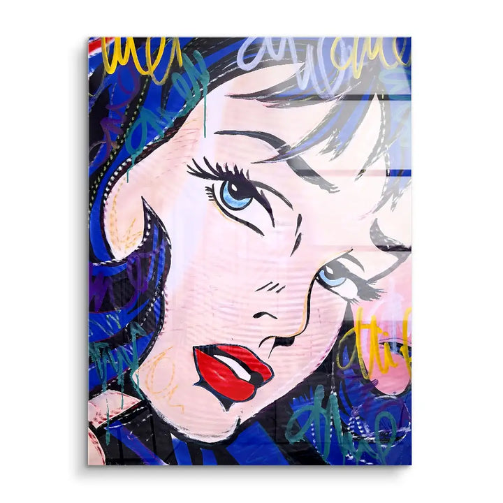 Pop Art Wandbild Frau mit schwarzen Haaren, blauen Augen und Graffiti-Elementen