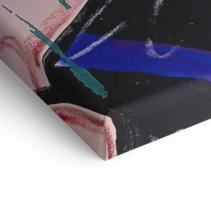 Detail eines modernen, abstrakten Wandbilds auf Leinwand mit schwarzen und bunten Akzenten