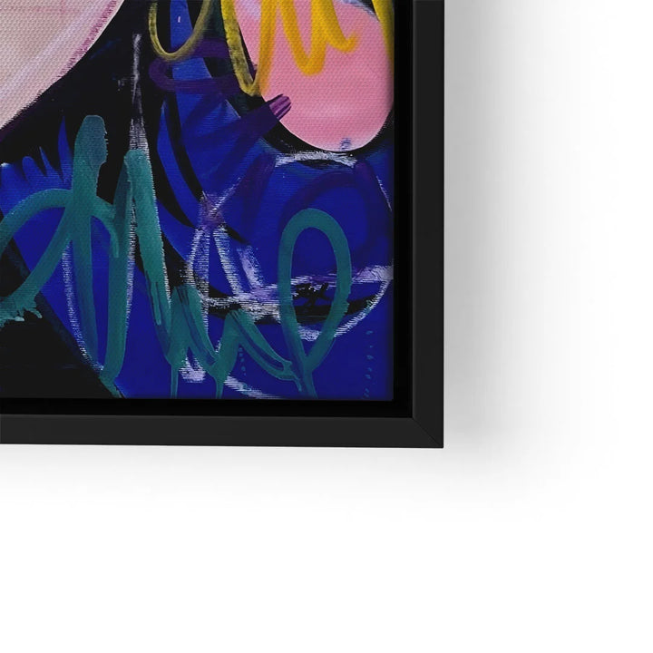 Modernes Wandbild mit abstrakter Kunst in Blau, Grün und Pink, gerahmt in Schwarz