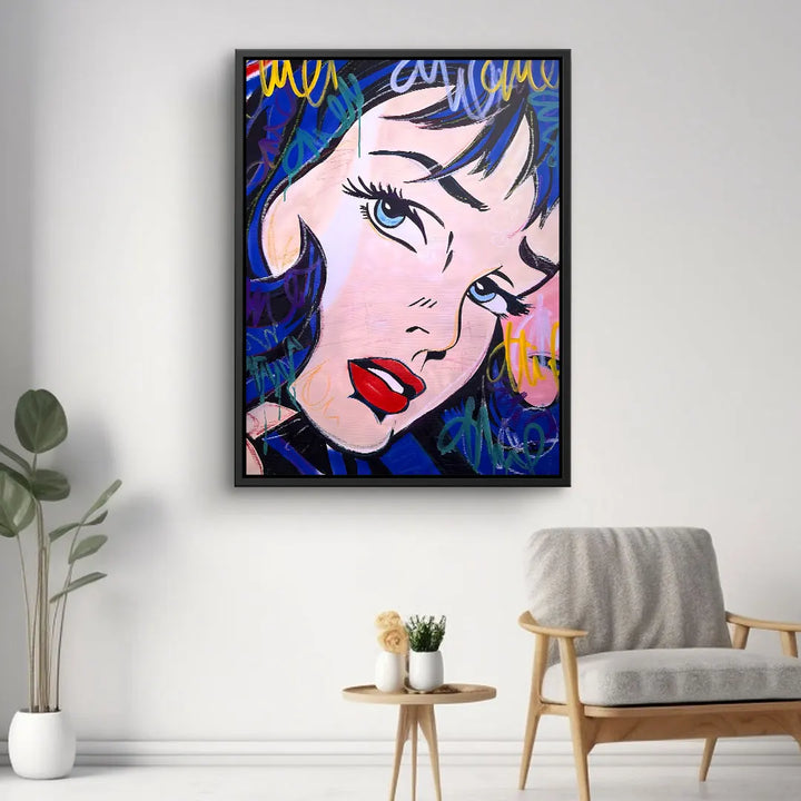 Modernes Pop Art Wandbild mit Frauengesicht, bunte Akzente, Wohnzimmer Dekoration