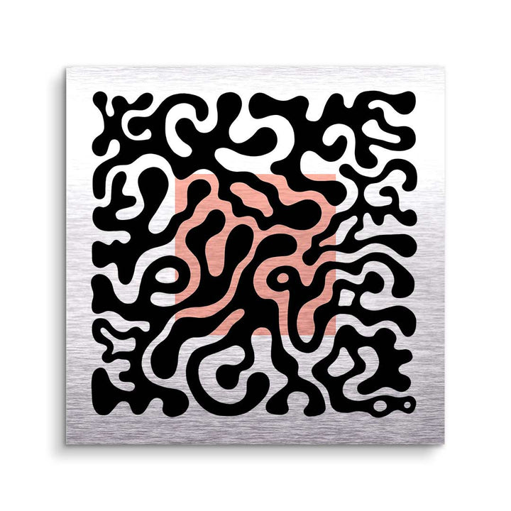 Modernes Wandbild mit schwarzem abstraktem Muster auf silbernem Hintergrund, Akzent in Rosa