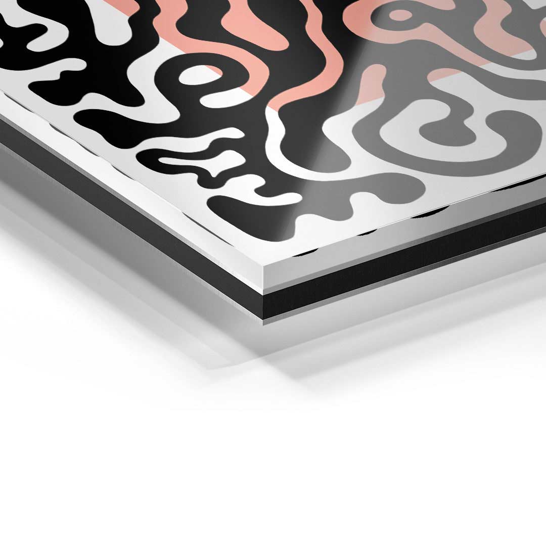 Detailfoto Acrylglas Wandbild, abstrakte schwarze und rosa Linien auf weißem Hintergrund