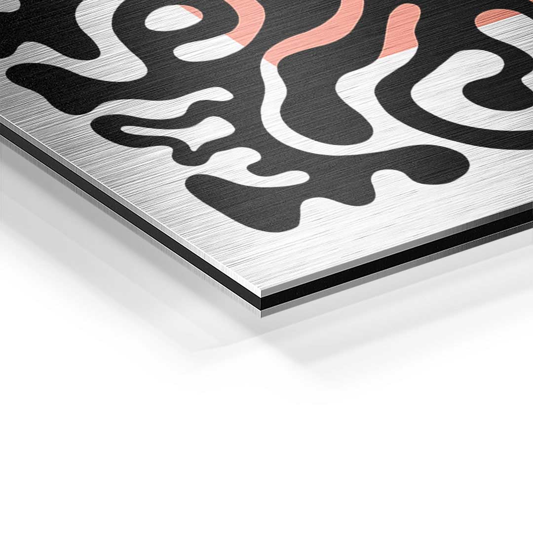 Detailansicht Wandbild auf Aluminium mit abstraktem schwarzen und rosa Muster