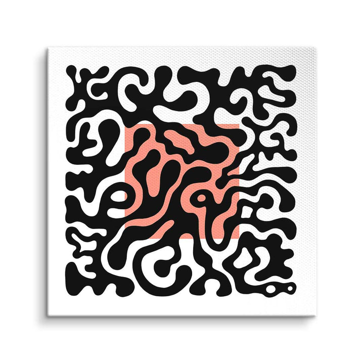 Modernes Wandbild mit abstrakten schwarzen Linien auf weißer Leinwand und rotem Quadrat