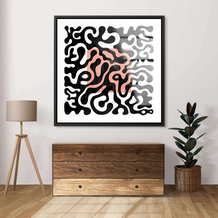 Abstraktes Wandbild in Schwarz und Rosa als modernes Wohnzimmer-Dekor, minimalistischer Stil