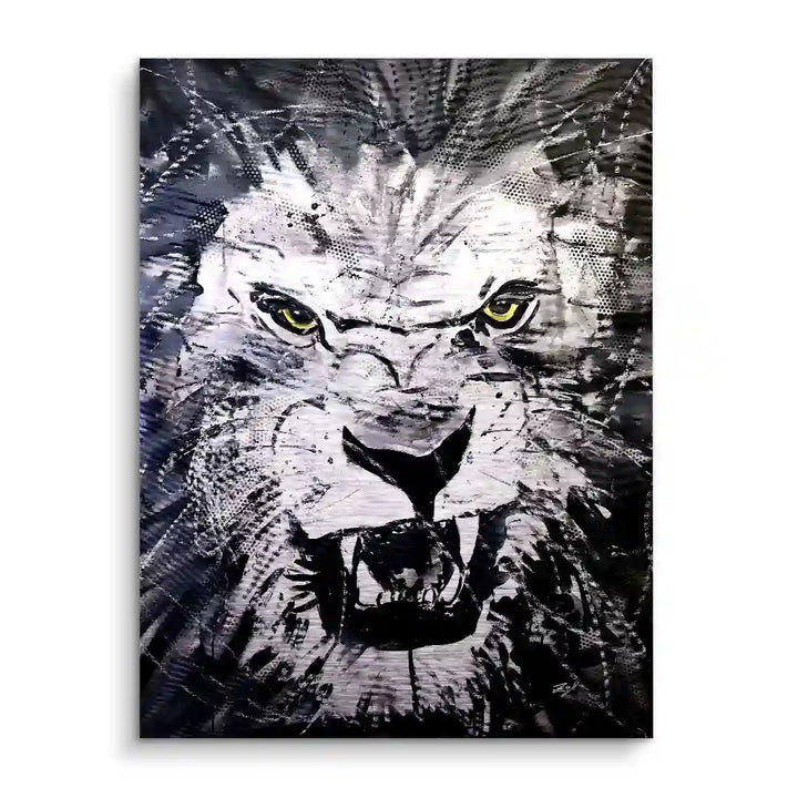 Schwarz-weißes Wandbild eines brüllenden Löwen mit gelben Augen, moderne Kunst