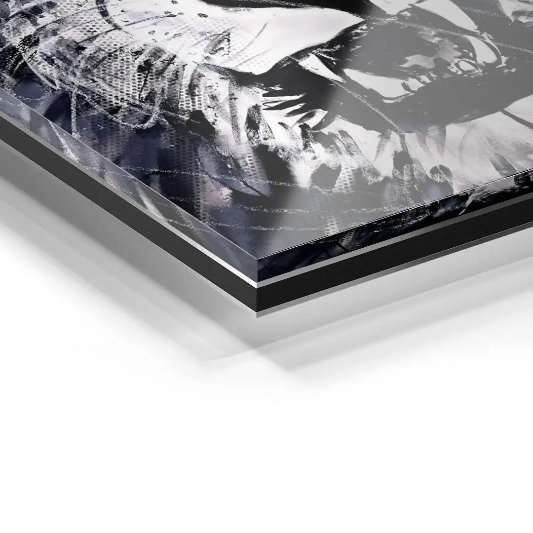 Detailaufnahme eines Wandbilds Löwe in schwarz-weiß, moderne Kunst auf Acrylglas