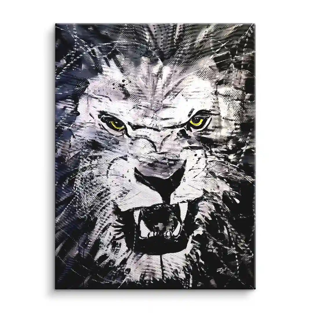 Modernes Wandbild Löwe schwarz weiß, abstrakte Kunst mit gelben Augen, ausdrucksstarkes Leinwandbild