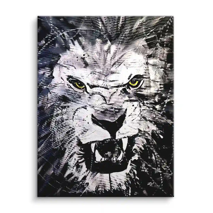 Modernes Wandbild Löwe schwarz weiß, abstrakte Kunst mit gelben Augen, ausdrucksstarkes Leinwandbild
