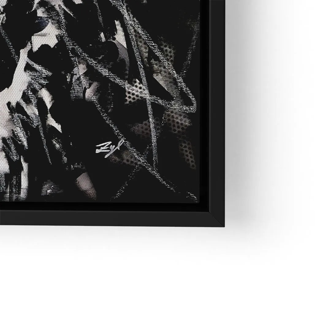 Modernes Wandbild in Schwarz-Weiß mit Löwenmotiv und abstrakten Pinselstrichen im schwarzen Rahmen