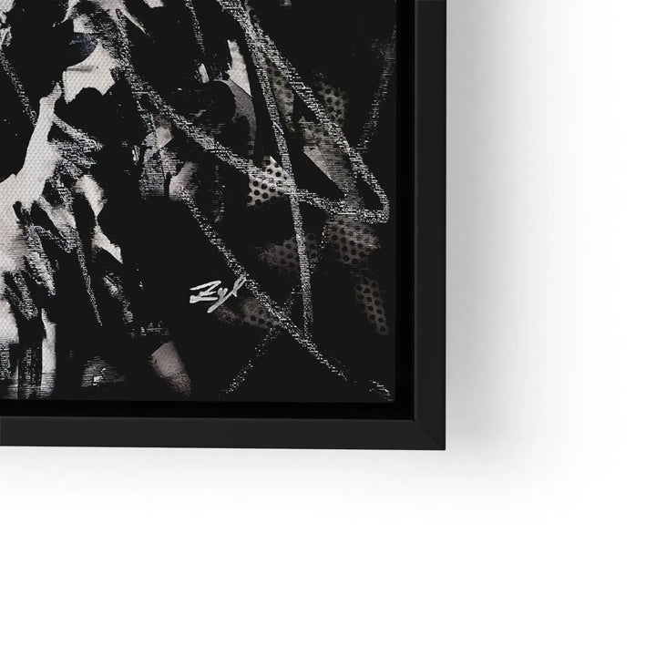 Modernes Wandbild in Schwarz-Weiß mit Löwenmotiv und abstrakten Pinselstrichen im schwarzen Rahmen
