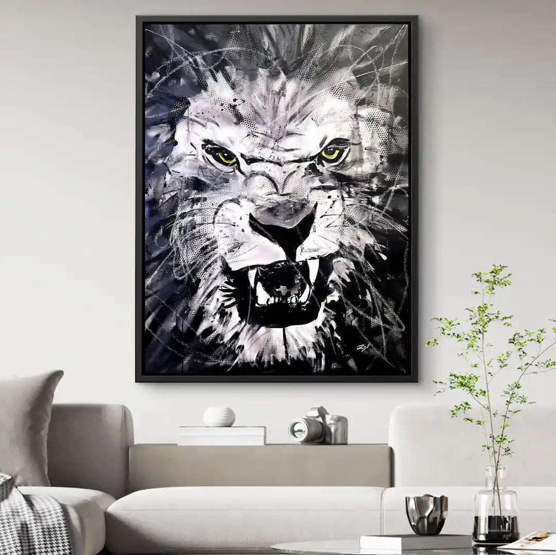 Modernes Wandbild Löwe schwarz-weiß, Kunst-Poster im Wohnzimmer, ausdrucksstarkes Tiermotiv