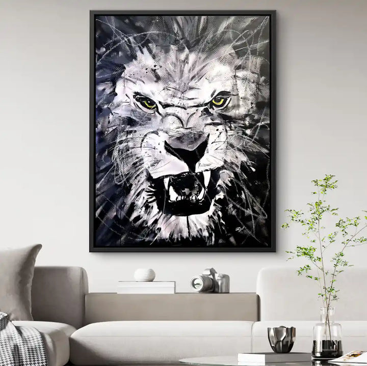 Modernes Wandbild Löwe schwarz-weiß, Kunst-Poster im Wohnzimmer, ausdrucksstarkes Tiermotiv