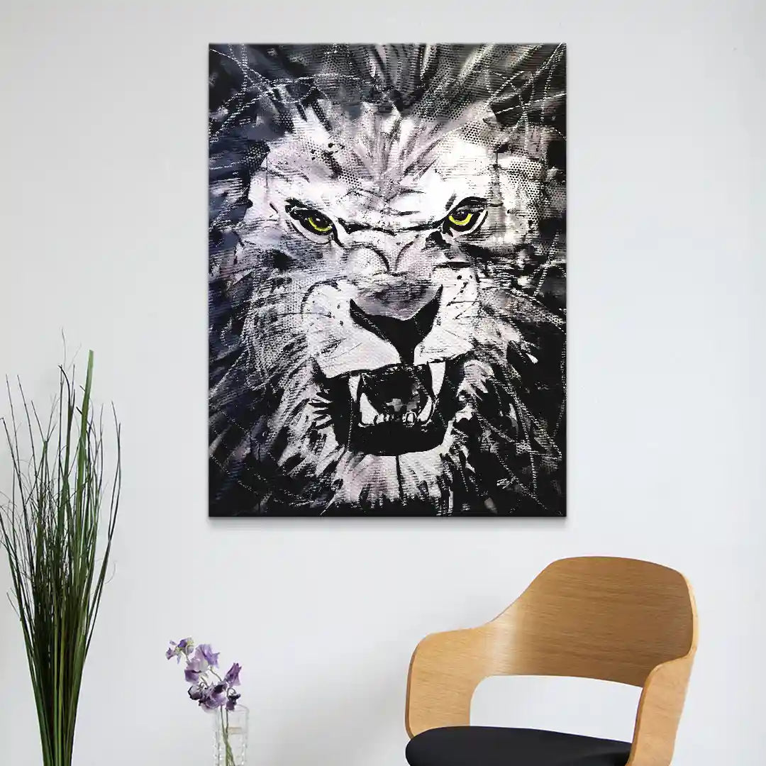 Modernes Wandbild mit schwarz-weißem Löwenkopf, ausdrucksstarke Kunst für Wohnzimmer