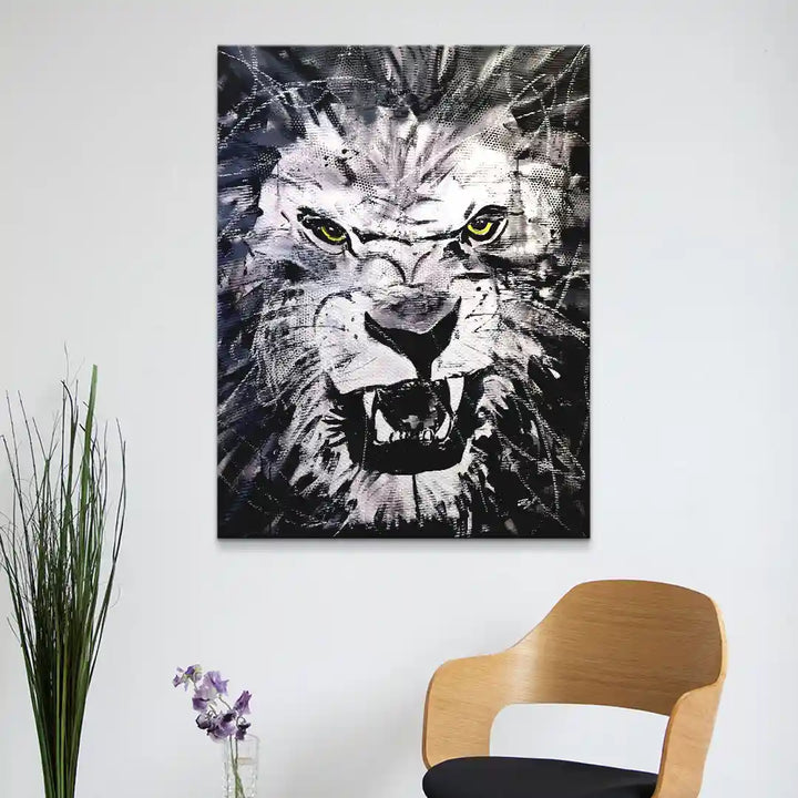 Modernes Wandbild mit schwarz-weißem Löwenkopf, ausdrucksstarke Kunst für Wohnzimmer