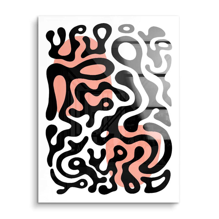 Abstraktes Acryl Wandbild mit schwarzen Linien und rosa Flächen auf weißem Hintergrund