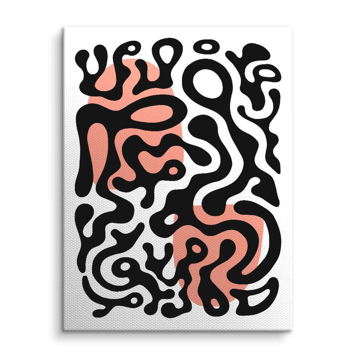 Abstraktes Wandbild mit schwarzen Linien und rosa Akzenten auf weißer Leinwand, modern