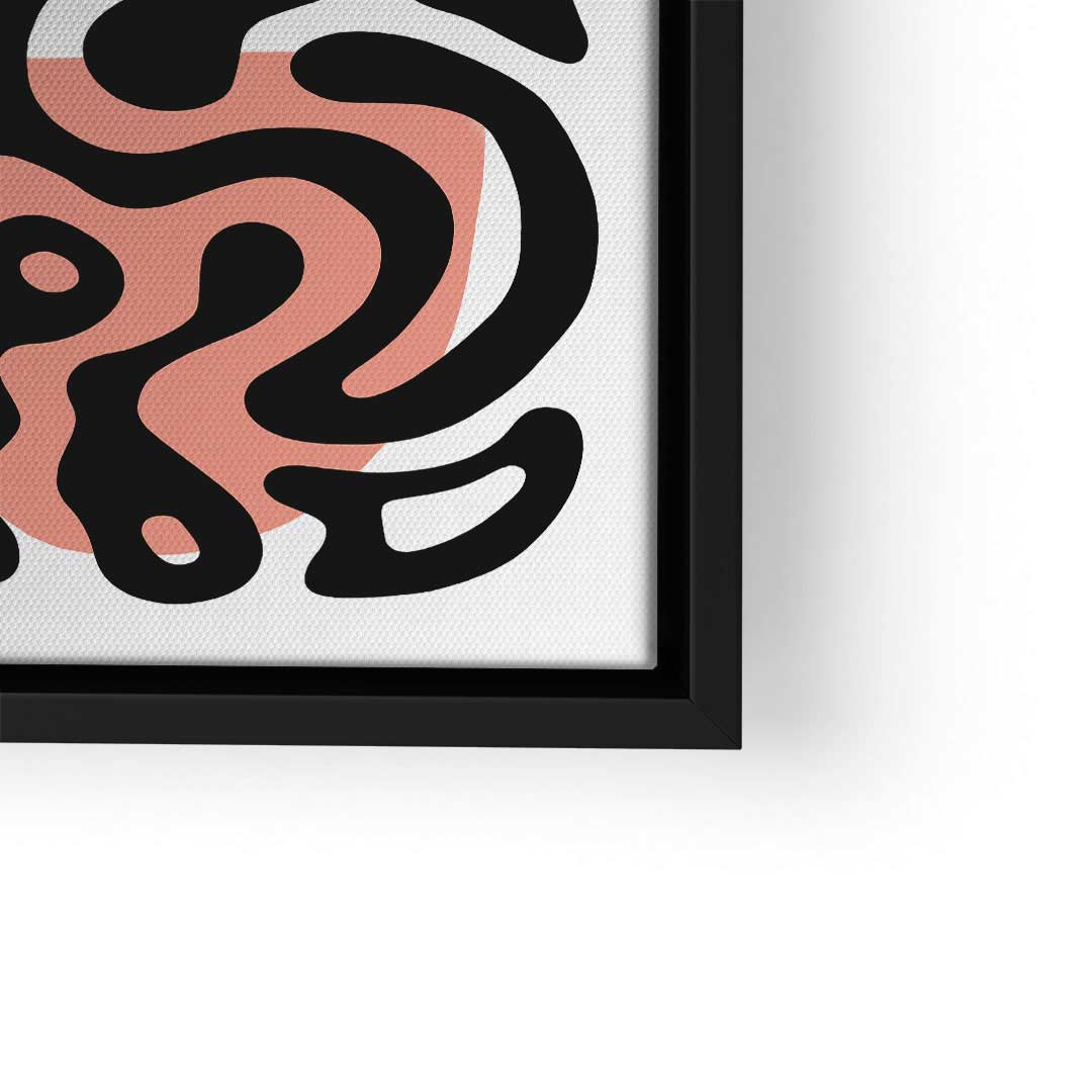 Modernes Wandbild mit abstrakter schwarzer Linie und rosa Kreis auf Leinwand mit schwarzem Rahmen
