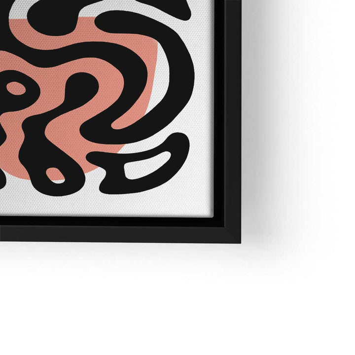 Modernes Wandbild mit abstrakter schwarzer Linie und rosa Kreis auf Leinwand mit schwarzem Rahmen