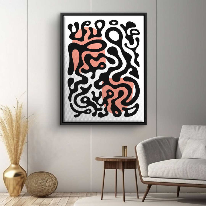 Modernes Wandbild mit abstrakten schwarzen Linien und rosa Akzenten in elegantem Wohnzimmer