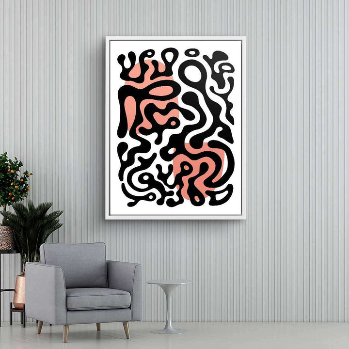 Abstraktes Wandbild mit schwarzen Linien und roten Akzenten im modernen Wohnzimmer